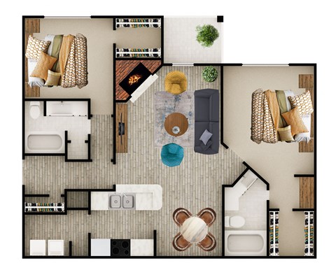 Floor plan for 2 beds, 2 baths, 1036 sqft